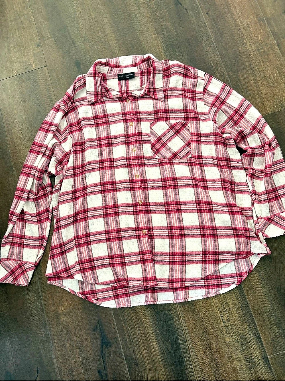 Lane Bryant Crinkle Plaid
Button Down Shirt Pink Red Cream
Plus Size 22/24